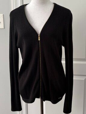 Calvin Klein Black Ribbed Full Zip V Neck Cardigan Sweater Women’s Size M